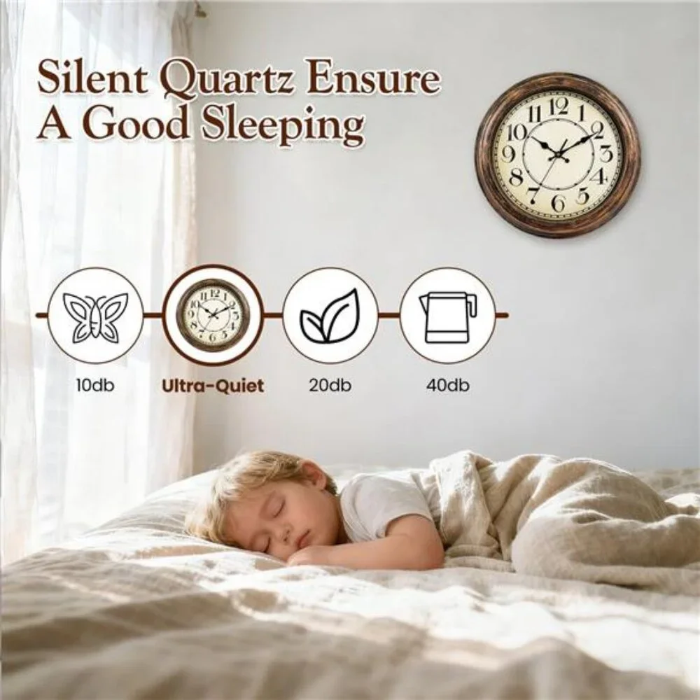 Retro Silent 14 Inch Wall Clock Non Ticking, Rustic Vintage Clock Quartz